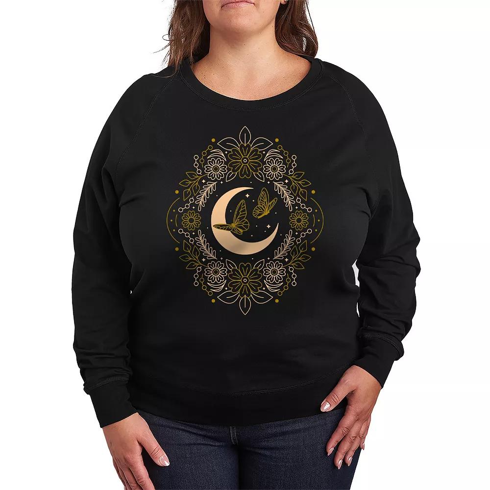 Plus Size Celestial Florals & Butterflies French Terry Long Sleeve Tee, Women's, Size: 3XL, Black Product Image