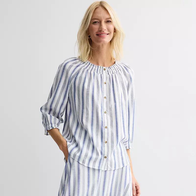 Women's Croft & Barrow Raglan Sleeve Smocked Top, Size: Large, Blue Stripe Product Image