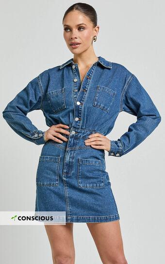 Kamala Mini Dress - Long Sleeve Button Through Denim Dress in Dark Blue Wash Product Image