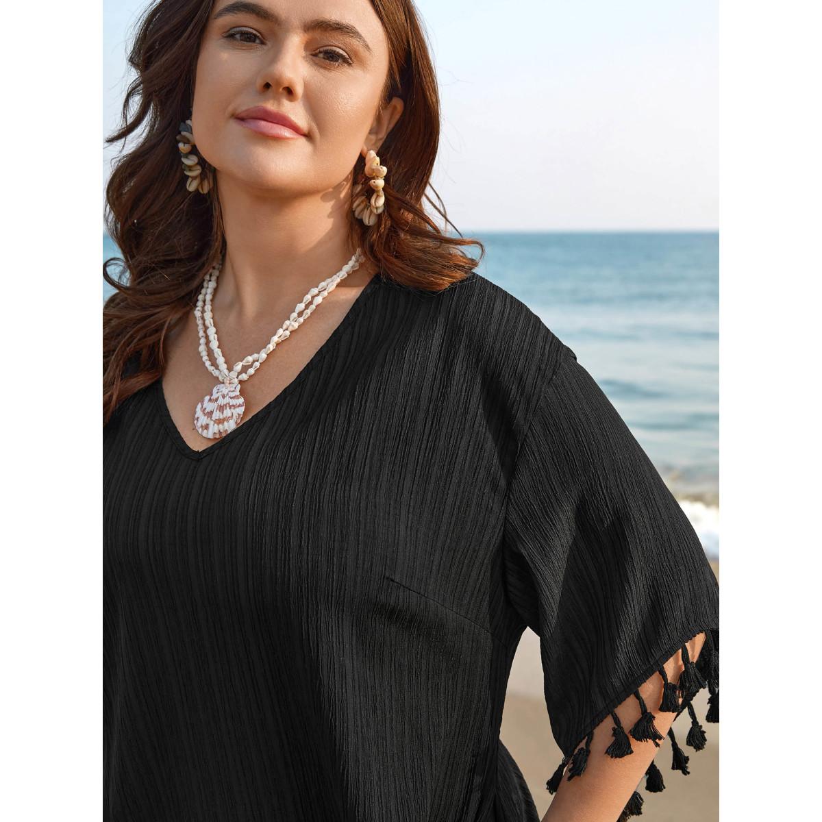 Plus Size V-Neck Cut-Out Tassels Spliced Midi Dress Black Women Resort Woven ribbon&lace trim V-neck Elbow-length sleeve Curvy BloomChic 28/5X Product Image
