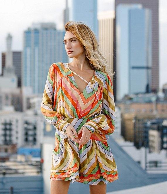 CIEBON Emerie Chevron Stripe Split V-Neck Long Sleeve Mini Dress Product Image
