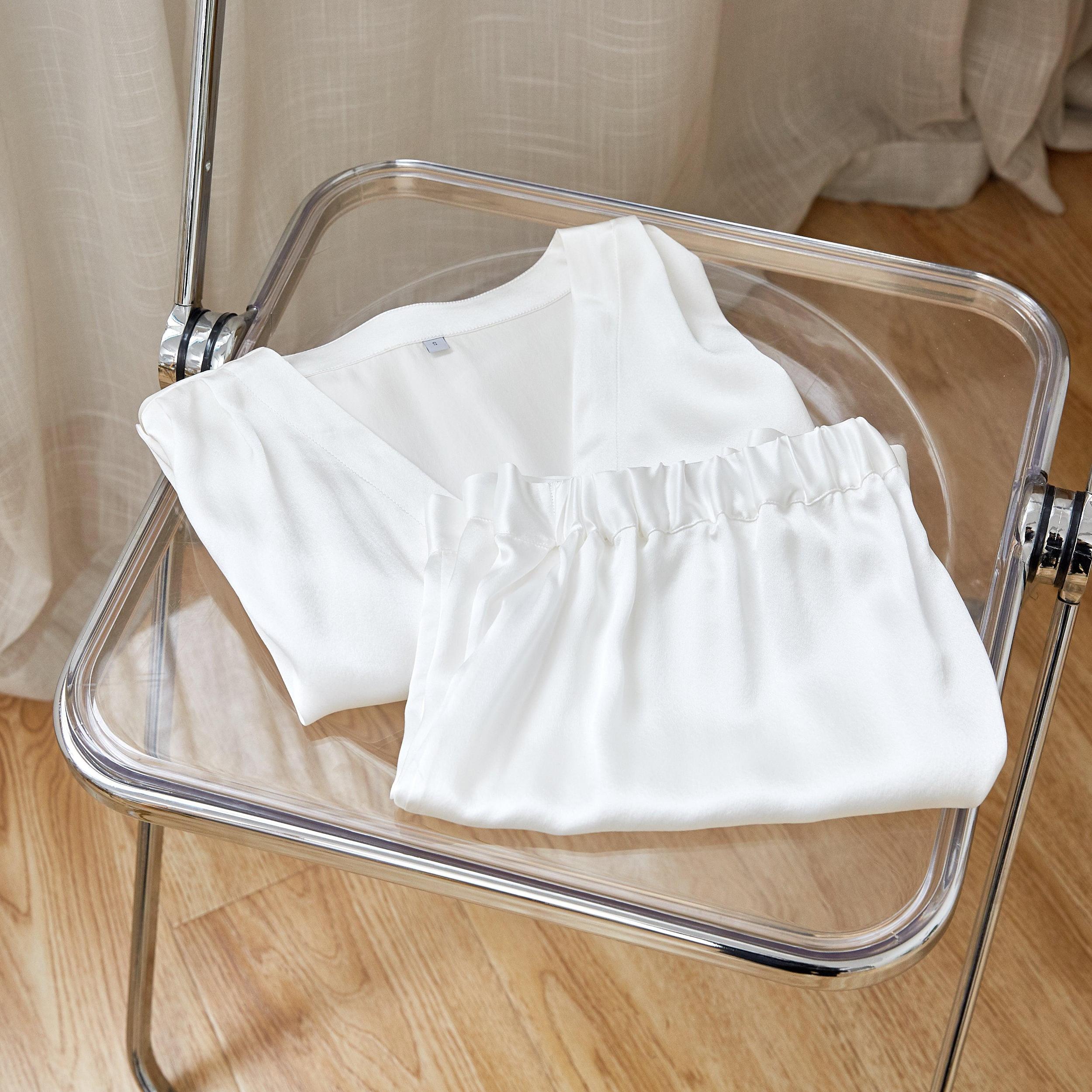 Pearl White Pure Mulberry Silk Top and Shorts Set | Soar Collection Product Image