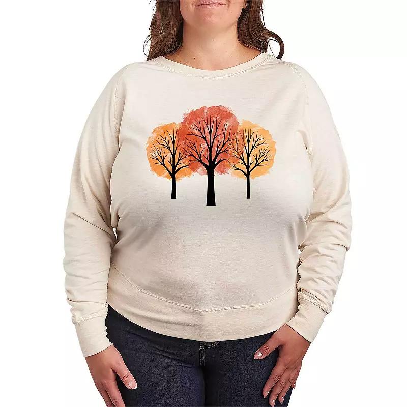 Plus Size Witch Cat With Pumpkin French Terry Long Sleeve Tee, Womens Grey Green Product Image