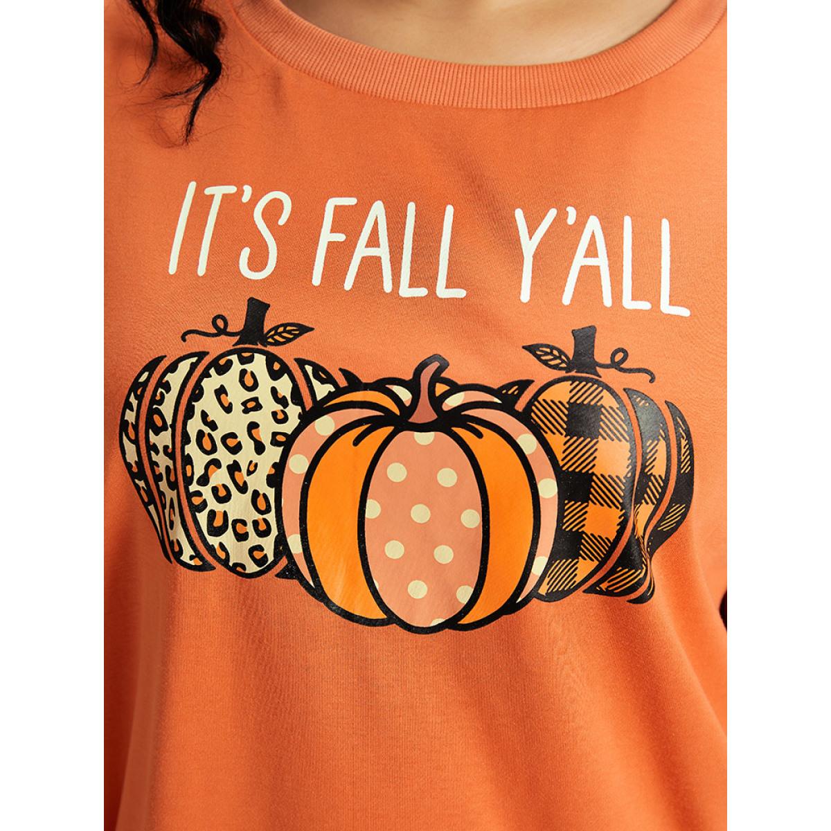 Plus Size Halloween Pumpkin Crew Neck Elastic Cuffs Sweatshirt Women Coral Casual Elastic cuffs Festival-Halloween Sweatshirts BloomChic 28/5X Product Image