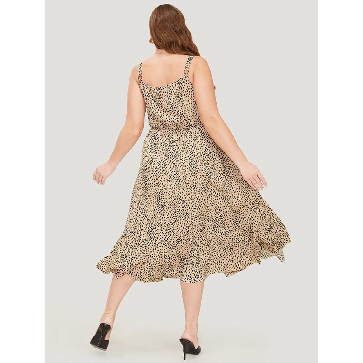 Plus Size Leopard Print Flutter Hem Pocket Adjustable Straps Cami Dress Multicolor Women Elegant Adjustable Straps V-neck Sleeveless Curvy Midi Dress BloomChic 28/5X Product Image