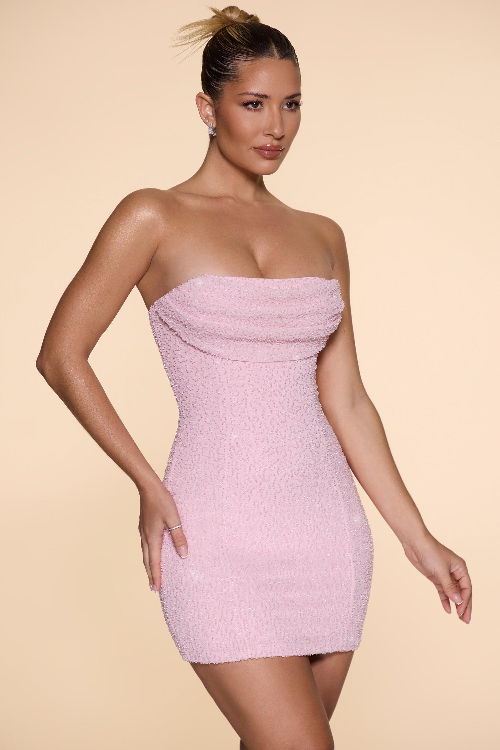 Embellished Strapless Cowl Neck Mini Dress in Blush Product Image
