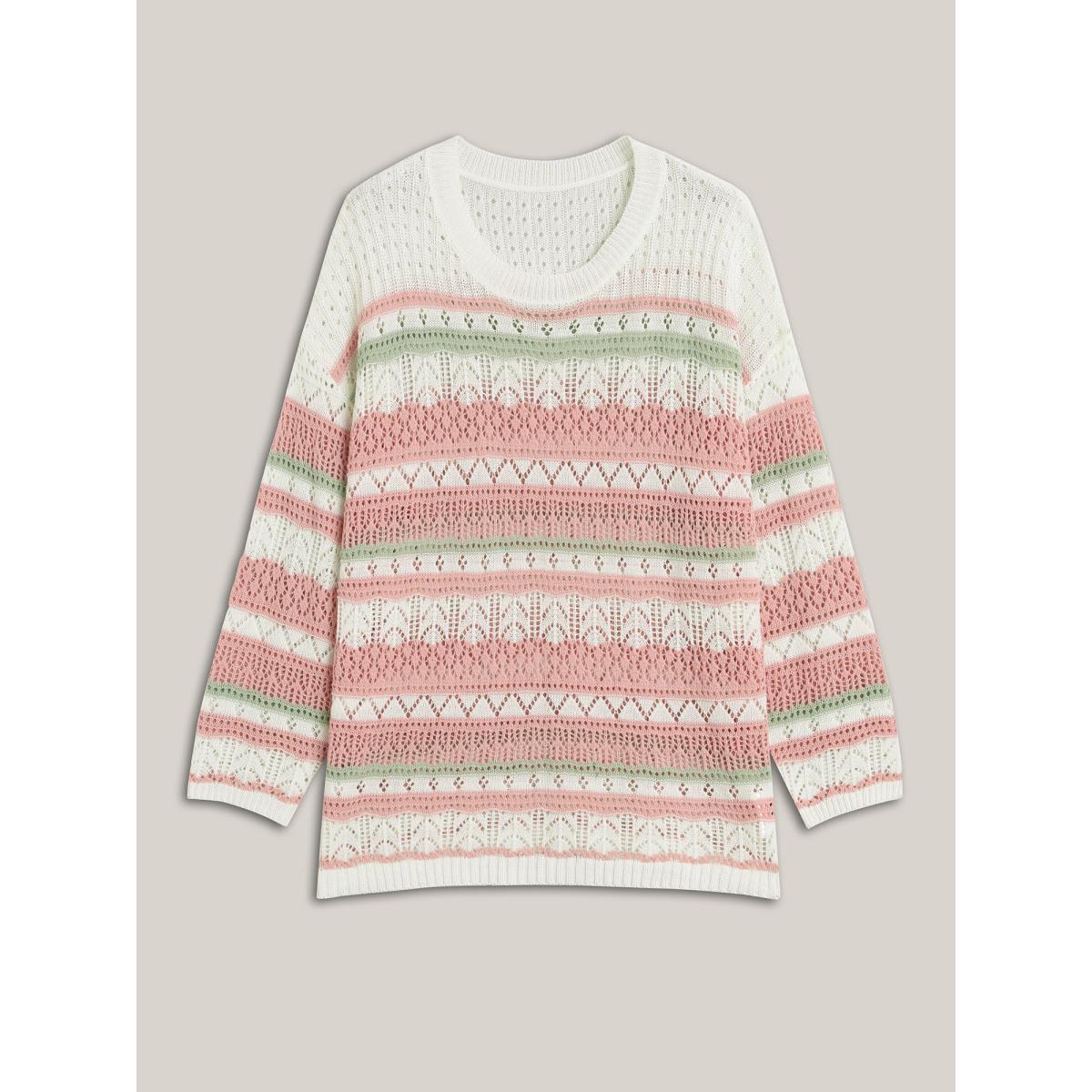 Plus Size Color Block Cut-Out Ribbed Pullover Ivory Women Casual Loose Long Sleeve Round Neck Everyday-Casual Pullovers BloomChic 12/L Product Image