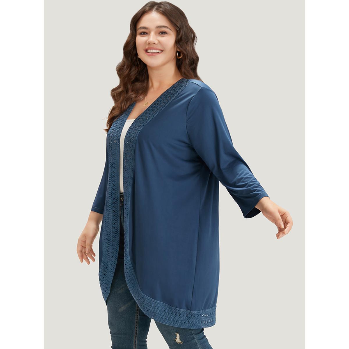 Plus Size Supersoft Essentials Plain Lace Patchwork Open Front Kimono Women DarkBlue Casual Plain Dailywear Kimonos BloomChic 10/M Product Image