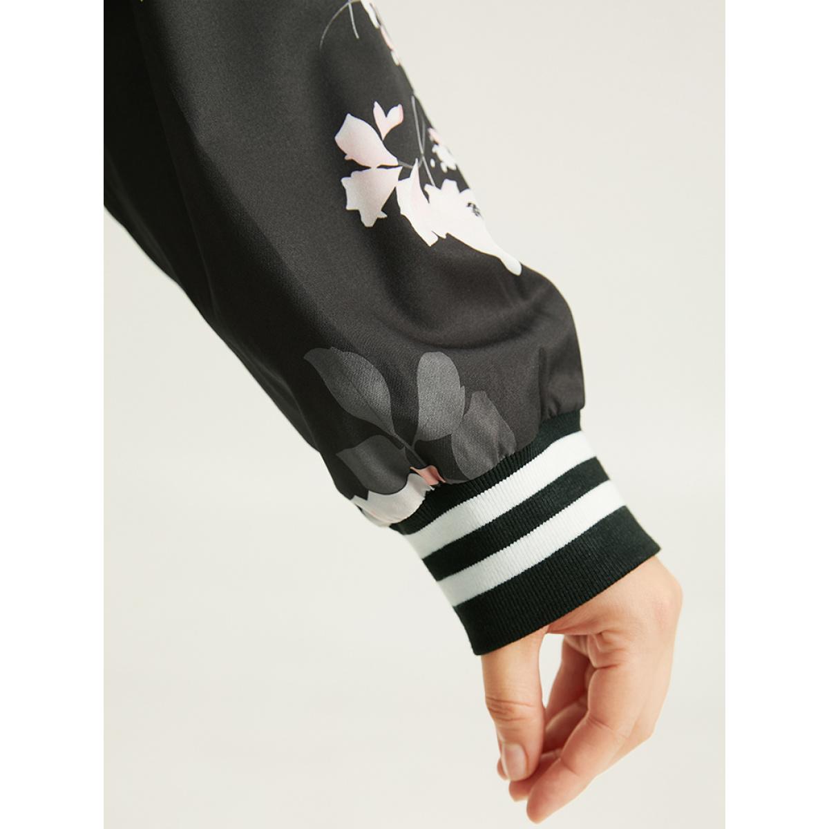 Plus Size Floral Contrast Trim O Ring Zipper Jacket Women Black Elastic cuffs Dailywear Jackets BloomChic 10/M Product Image