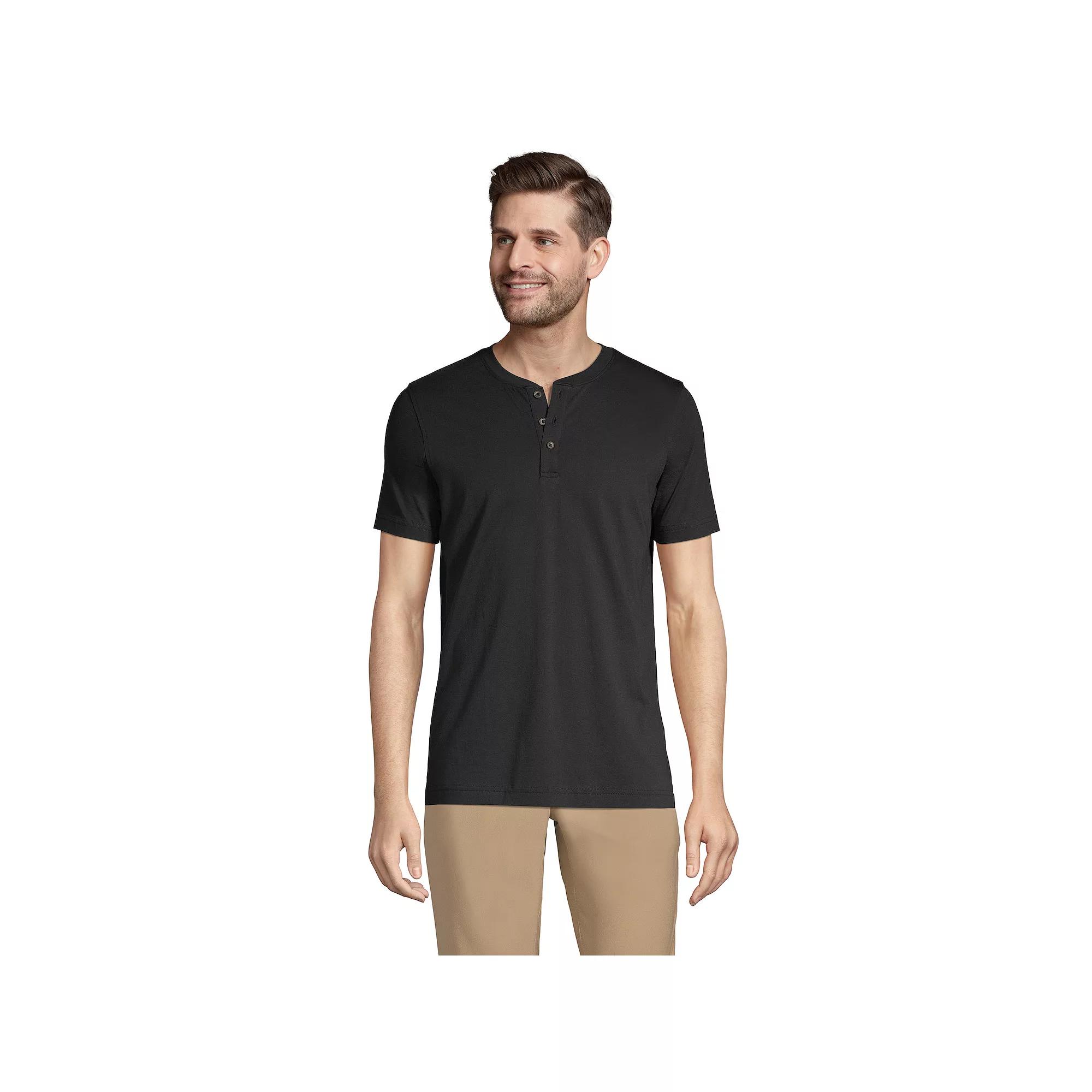 Men's Lands' End Short Sleeve Supima Jersey Henley Top, Size: XXL, Black Product Image