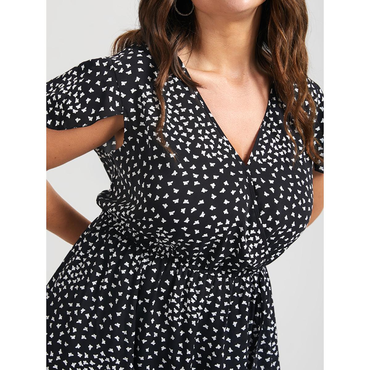 Plus Size V Neck Butterfly Pattern Split Dress Multicolor Women Elegant Gathered V-neck Cap Sleeve Curvy Midi Dress BloomChic 12/L Product Image