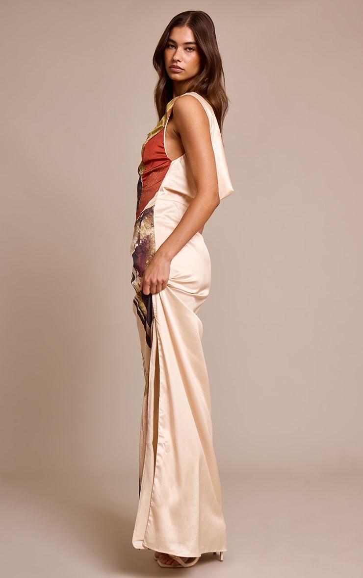 Cream Floral Printed Satin Maxi Dress Product Image