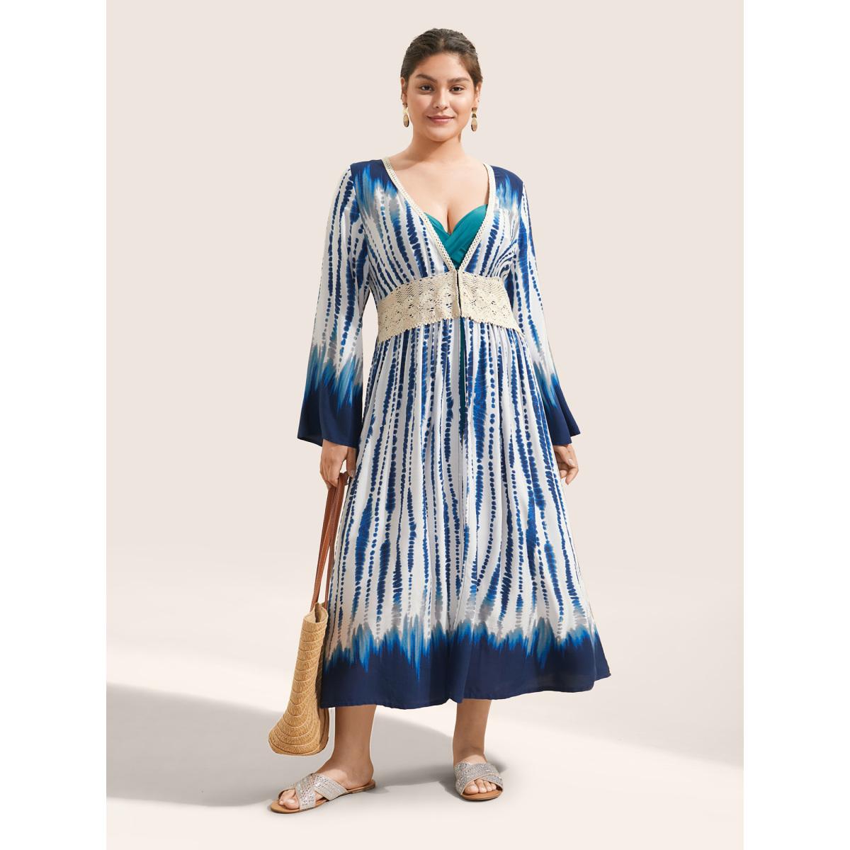 Plus Size Tie Dye Guipure Lace Waist Trim Kimono Women Blue Resort Tie Dye Vacation Kimonos BloomChic 30/6X Product Image