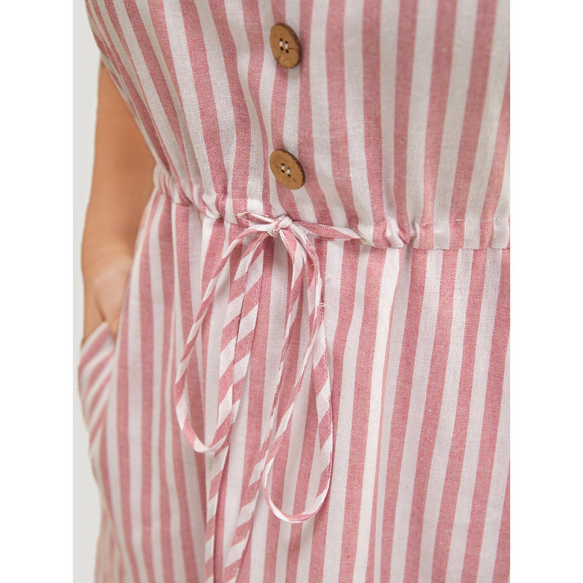 Plus Size Striped Print Button Detail Ruffle Trim Drawstring Dress Pink Women Vacation Drawstring V-neck Cap Sleeve Curvy Knee Dress BloomChic 18-20/2X Product Image