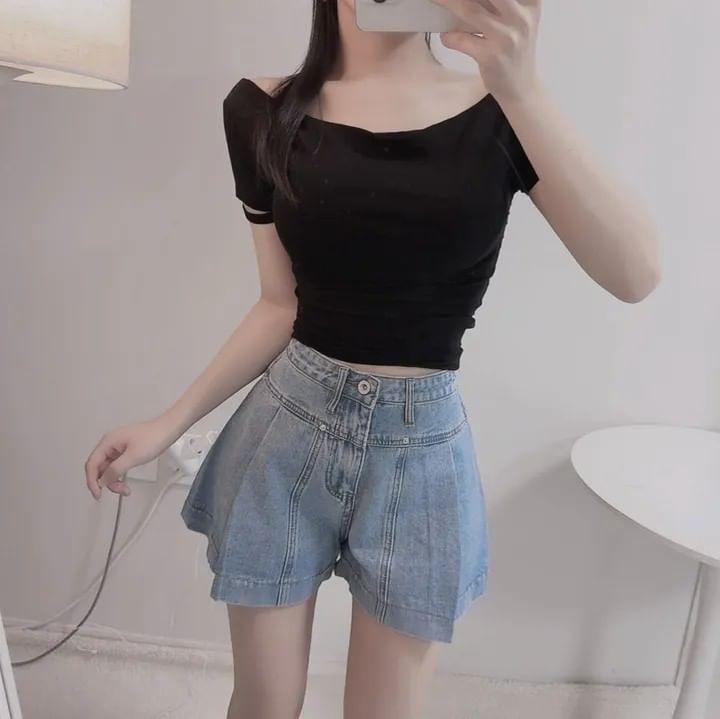 High Waist Washed Denim Shorts Product Image