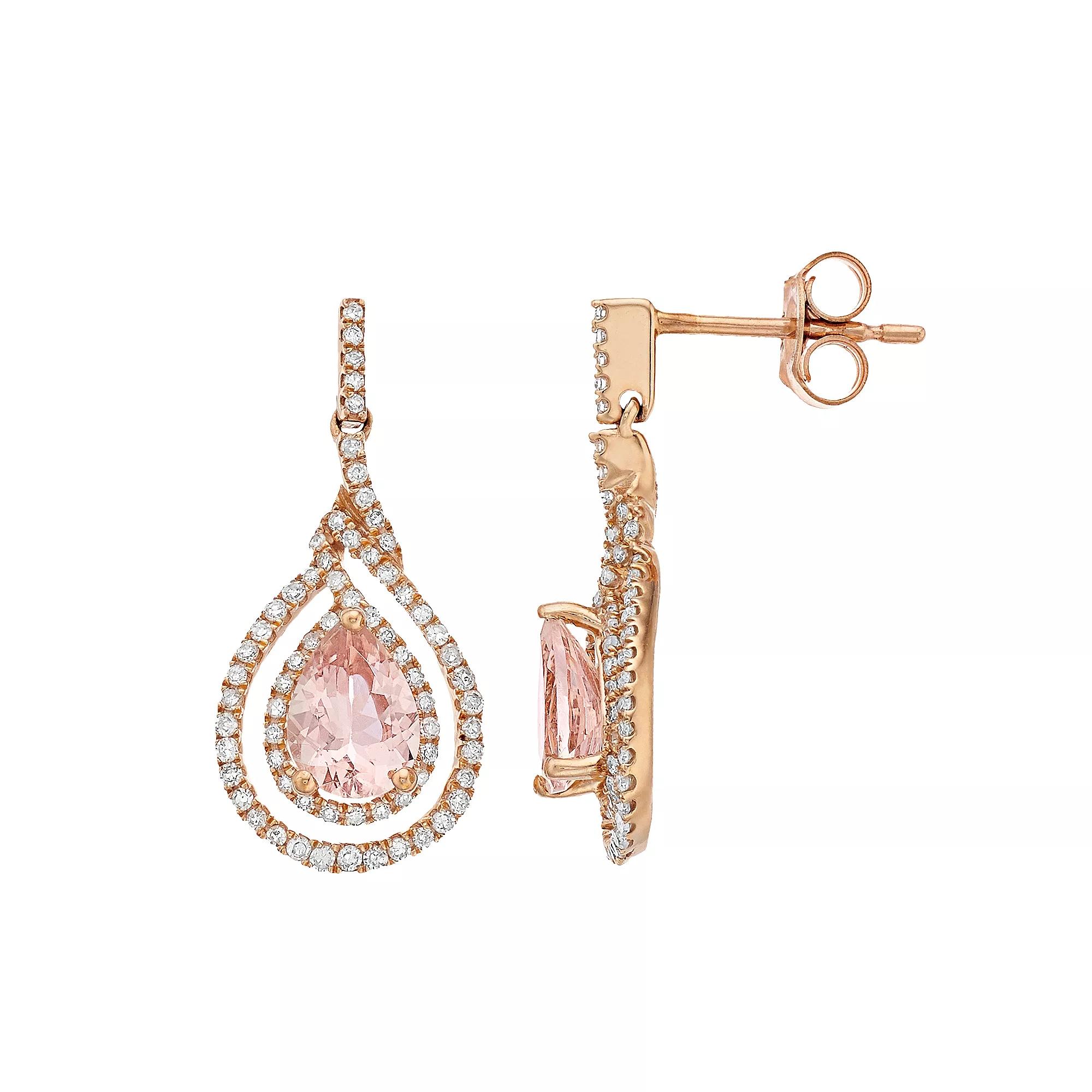 Gemminded 10k Rose Gold Morganite & 3/8 Carat T.W. Diamond Drop Earrings, Women's Product Image