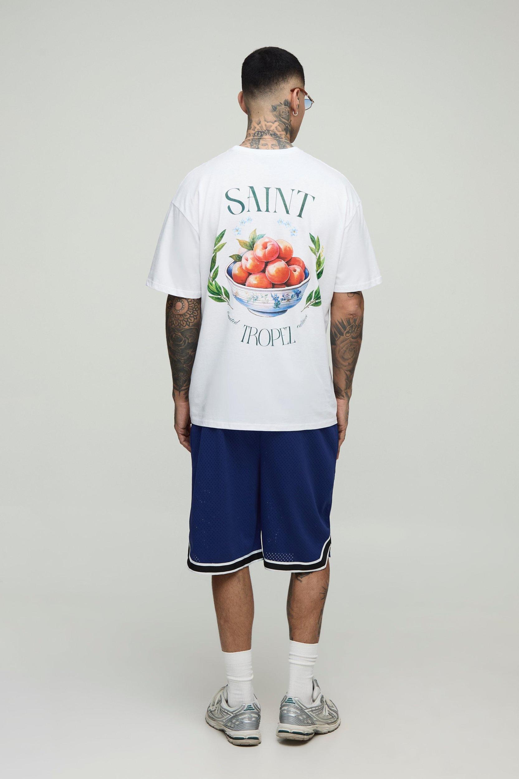 Tall Oversized Saint Tropez Fruit Bowl Print T-Shirt | boohooMAN USA Product Image