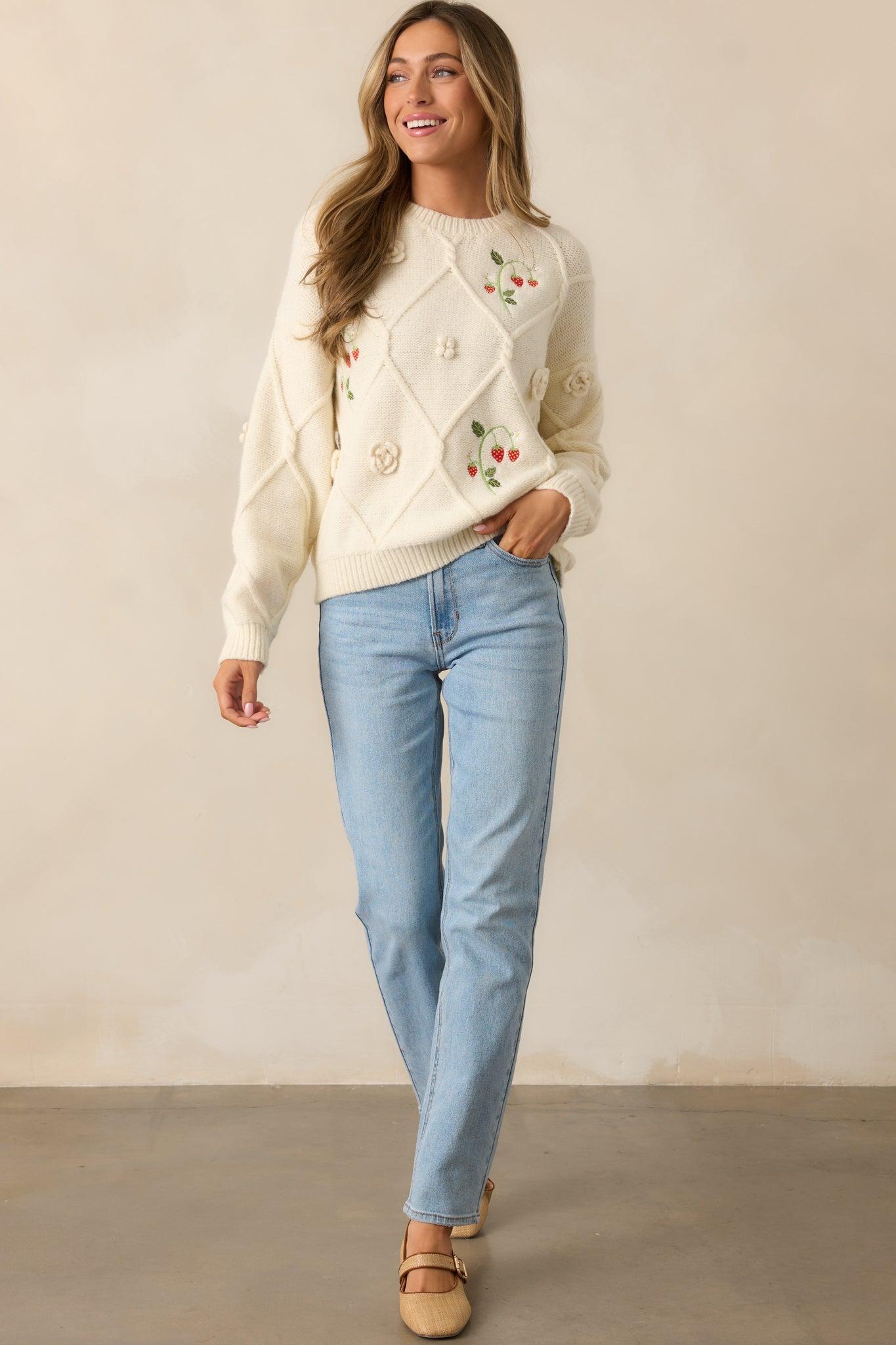 Berry Breeze Ivory Embroidered Sweater Product Image