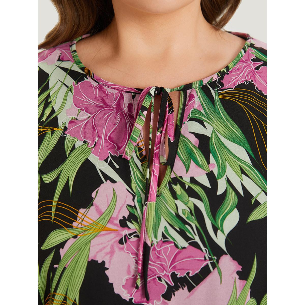 Plus Size Multicolor Floral Ties Batwing Sleeve Hanky Hem Layered Blouse Women Glamour Elbow-length sleeve Tie Neck Going out Blouses BloomChic 10/M Product Image