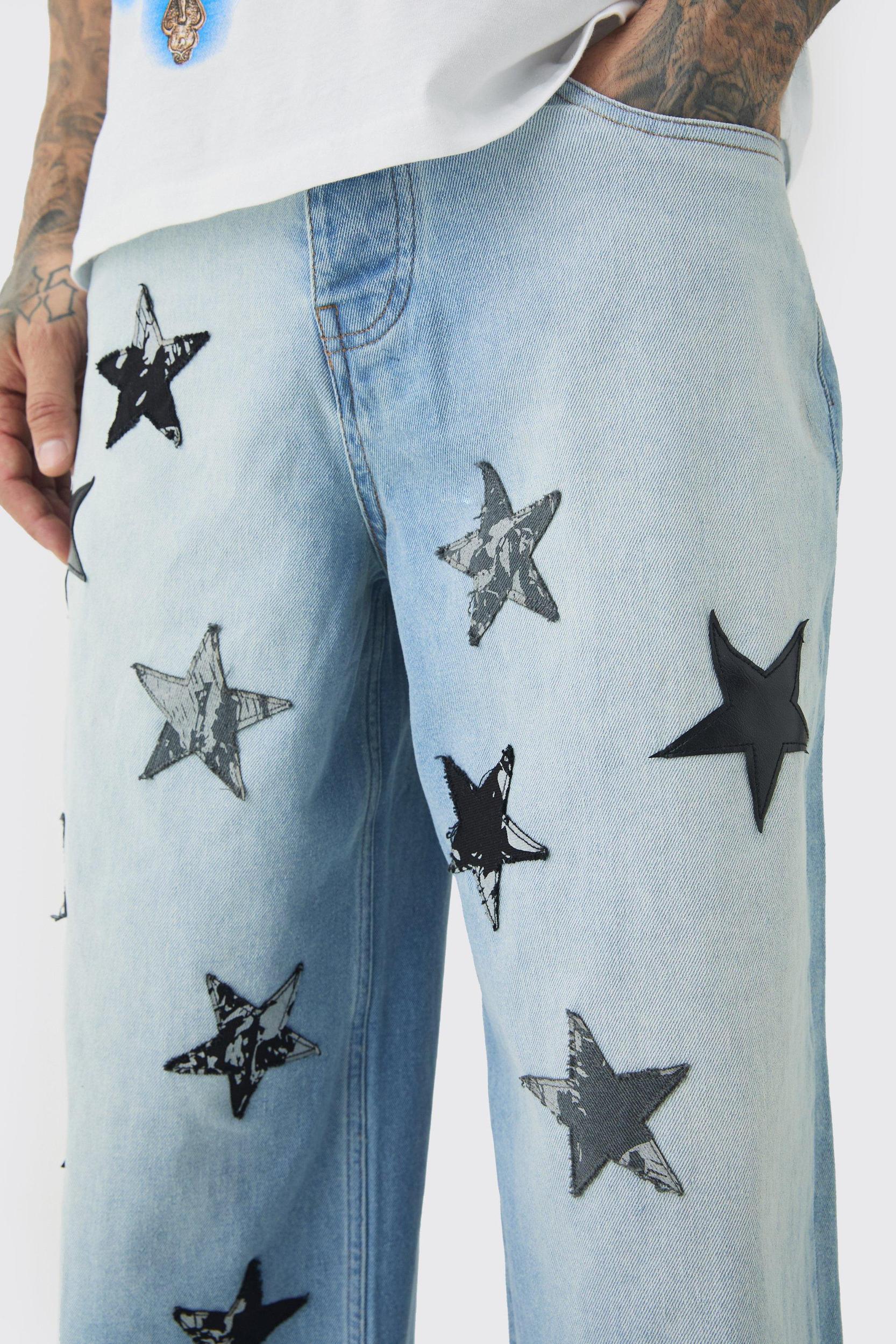 Tall Star Applique Baggy Fit Jeans | boohooMAN USA Product Image