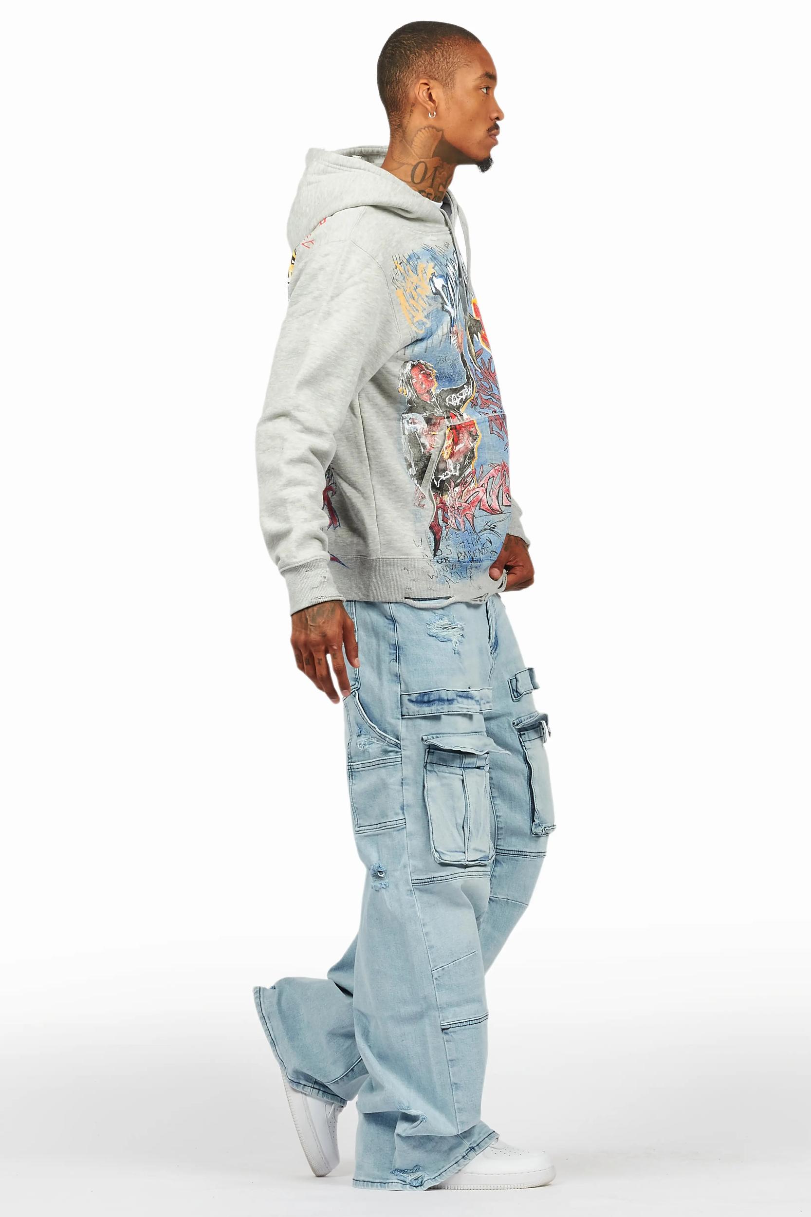 Yooz Heather Grey Hoodie & Deco Stacked Flare PU Jean Bundle Male Product Image