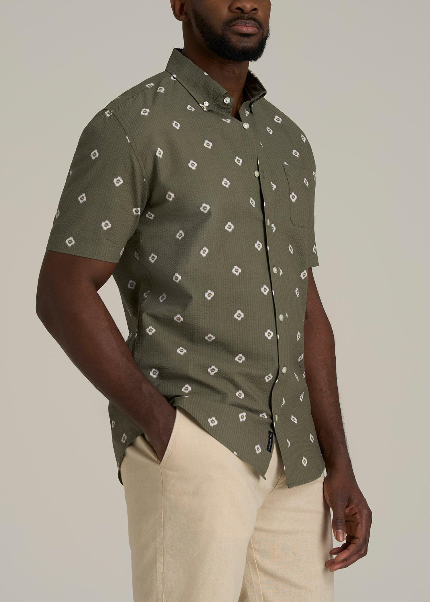 Seersucker Short Sleeve Shirt for Tall Men in Olive and Beige Floral Male Product Image