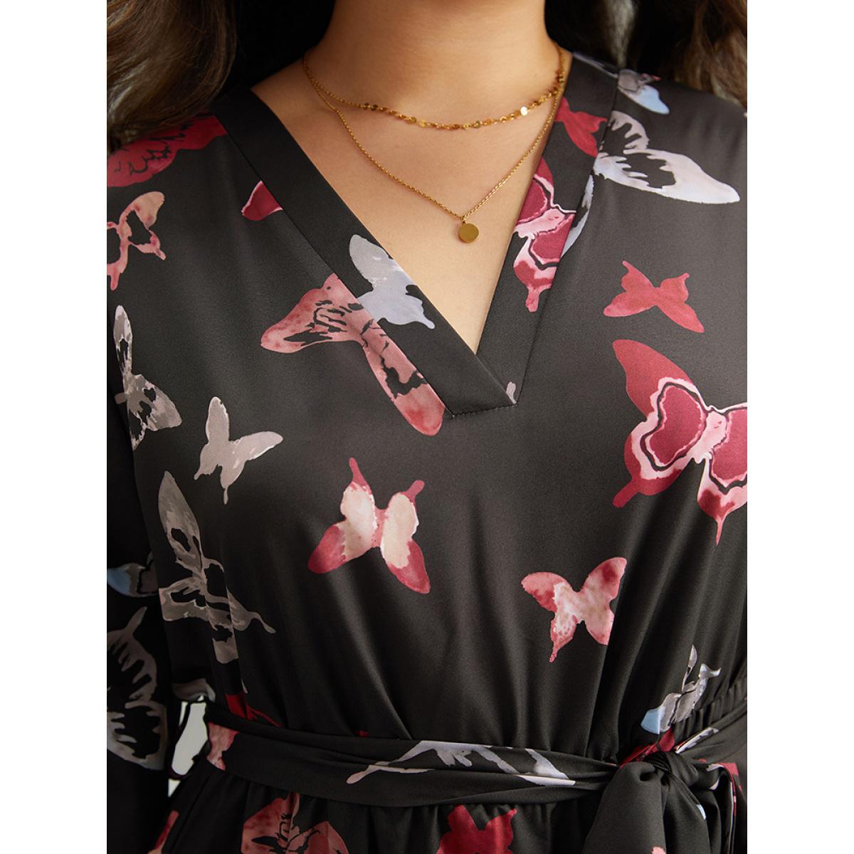 Plus Size Butterfly Print Shirred Belted Layered Dress Black Women Elegant Belted V-neck Long Sleeve Curvy Midi Dress BloomChic 22-24/3X Product Image