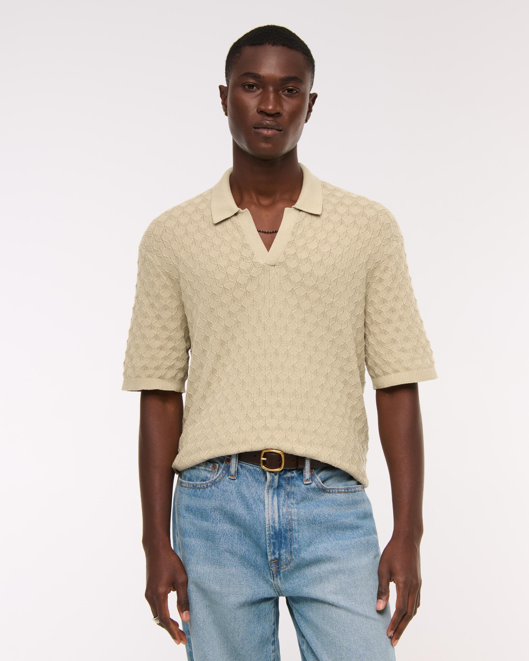 Pointelle Stitch Johnny Collar Sweater Polo Product Image