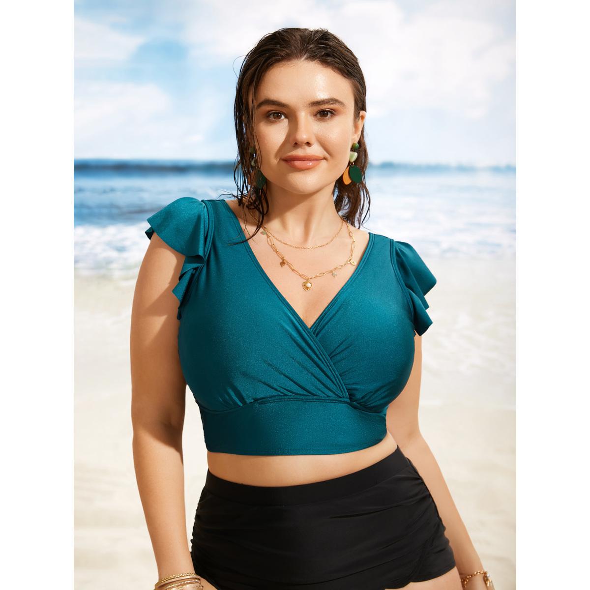 Plus Size Solid Wrap Ruffle Cap Sleeve Swim Top Women's Swimwear Cyan Beach Pleated High stretch Skinny Overlap Collar Curve Swim Tops BloomChic 30/6X Product Image