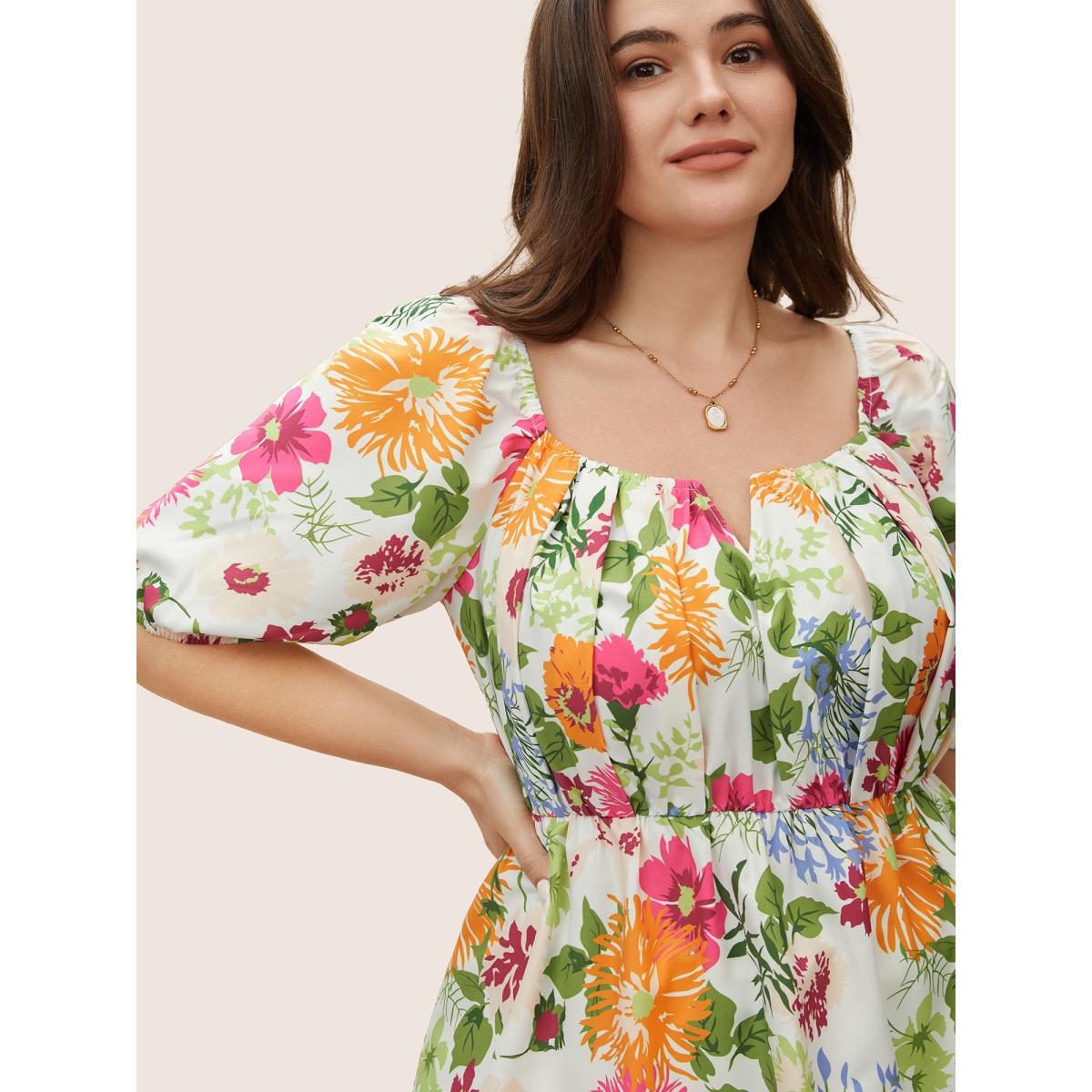 Plus Size Multicolor Floral Notched Collar Lantern Sleeve Blouse Women Elegant Half Sleeve Notched collar Everyday Blouses BloomChic 22-24/3X Product Image