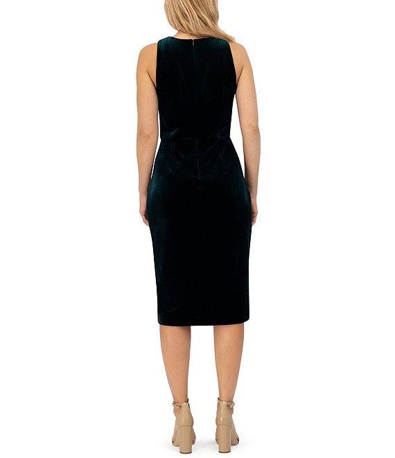 Vince Camuto Velvet Sheath Criss Cross Cut-Out Halter Neck Sleeveless Midi Length Dress Product Image
