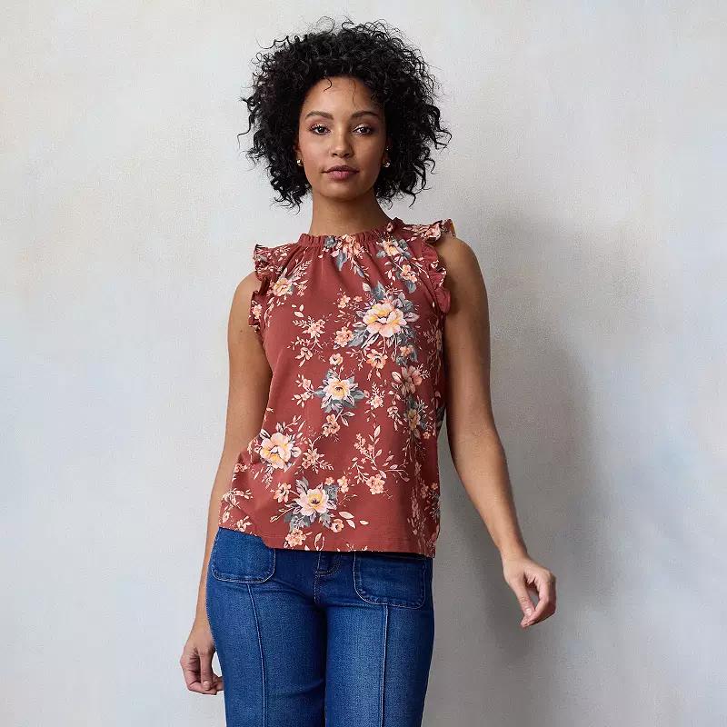 Petite LC Lauren Conrad Ruffle Sleeve Crewneck Top, Women's, Size: XXL Petite, Red Genevieve Garden Product Image