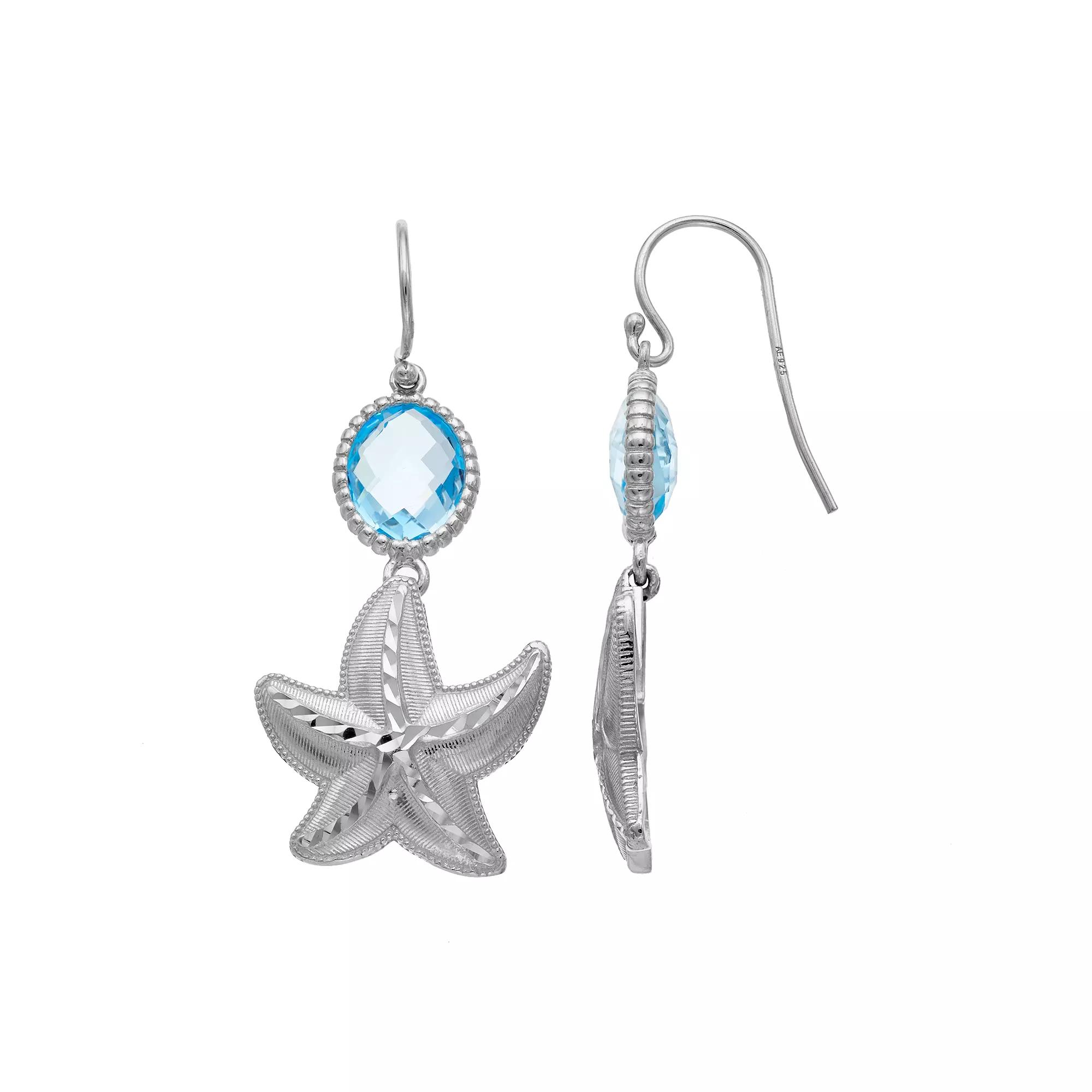 Sterling Silver Blue Topaz Starfish Drop Earrings, Womens Product Image