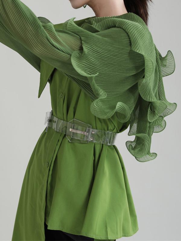 Long Sleeves Loose Asymmetric Pleated Solid Color Split-Joint Falbala Lapel Blouses&Shirts Tops Product Image