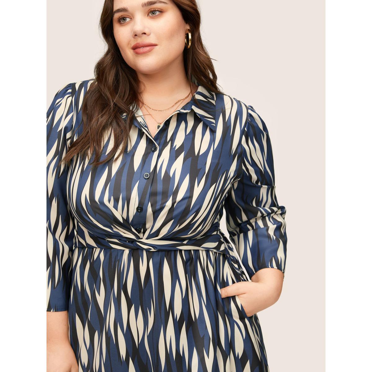 Plus Size Geo Colorblock Twist Front Shirt Collar Dress Indigo Women At the Office Non Shirt collar Elbow-length sleeve Curvy Midi Dress BloomChic 18-20/2X Product Image