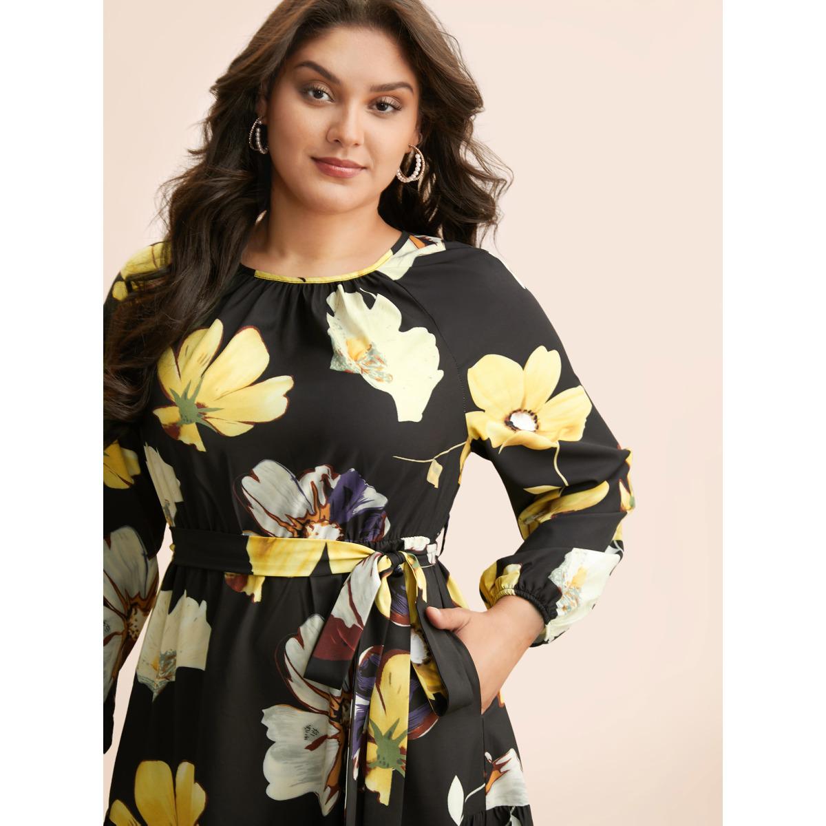 Plus Size Floral Round Neck Gathered Belted Dress Black Women Elegant Gathered Round Neck Long Sleeve Curvy BloomChic 30/6X Product Image