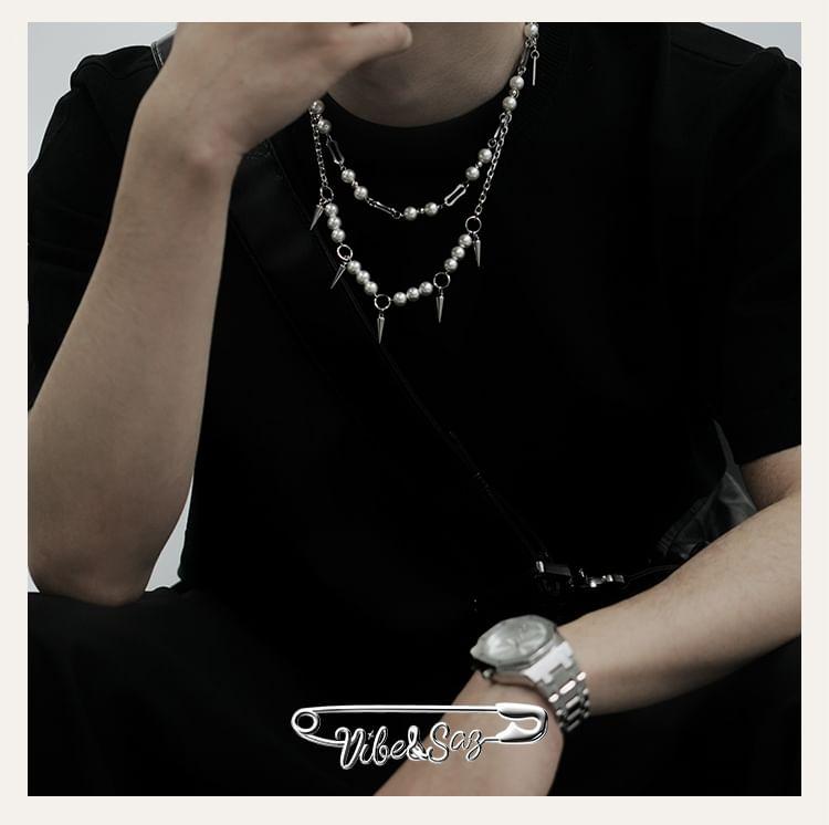 Faux Pearl Necklace / Spike Fringed Necklace Product Image