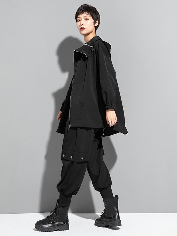 Fashion Irregularity Loose Solid Color Zipper Hooded Outerwear Product Image