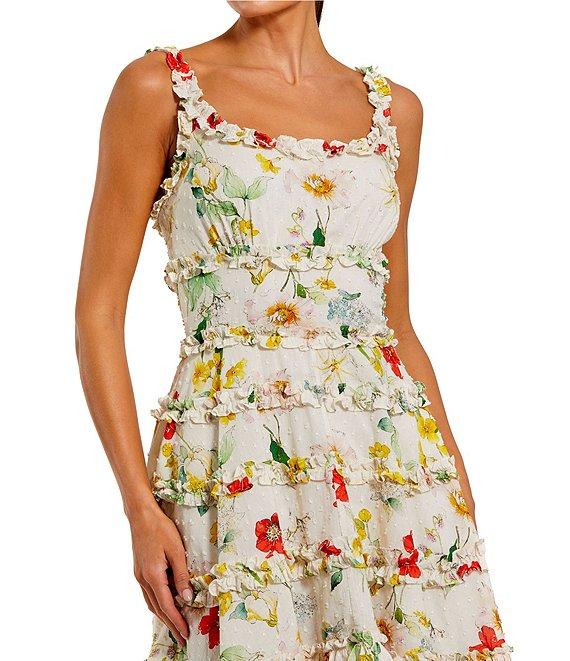 Mac Duggal Cotton Floral Print Square Neck Sleeveless Ruffle Trim A-Line Mini Dress Product Image