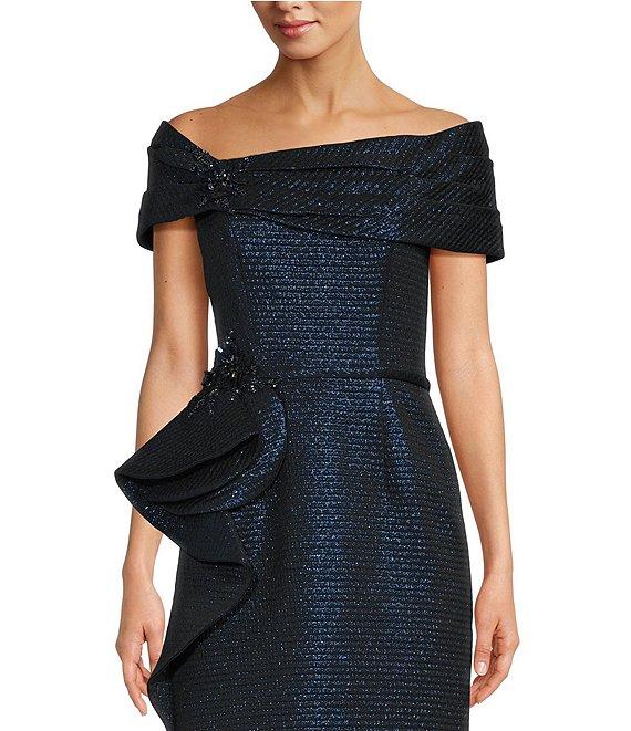Terani Couture Off-The-Shoulder Ruffle Front Metallic Jacquard Mermaid Gown Product Image