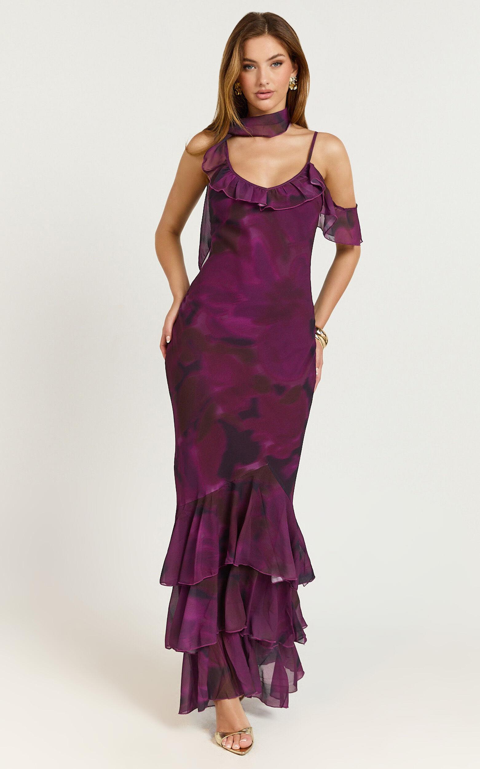 Riley Maxi Dress - Asymmetric Ruffle Detail Maxi Dress in Royal Adeana Product Image