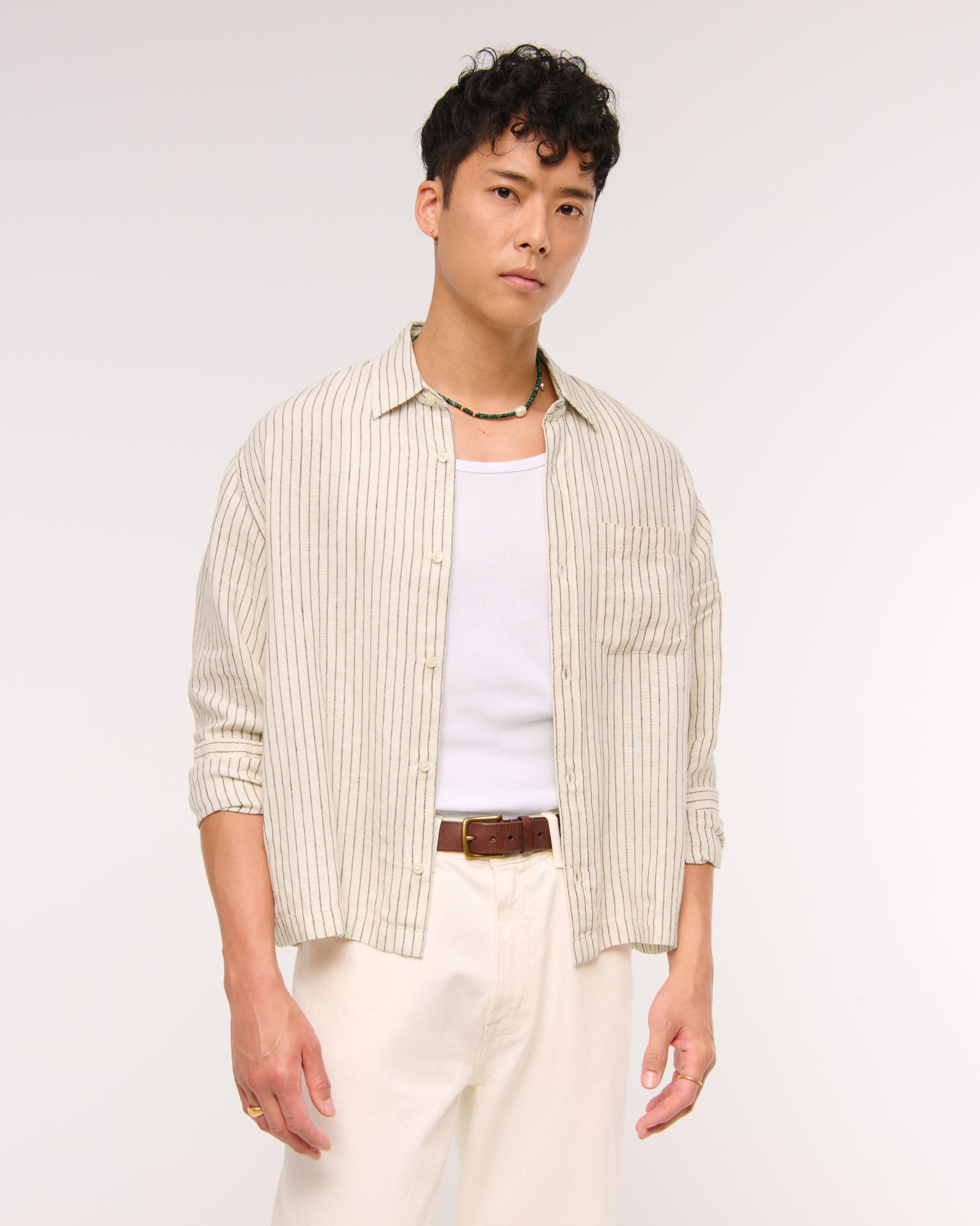 Cropped Linen Button-Up Shirt Product Image