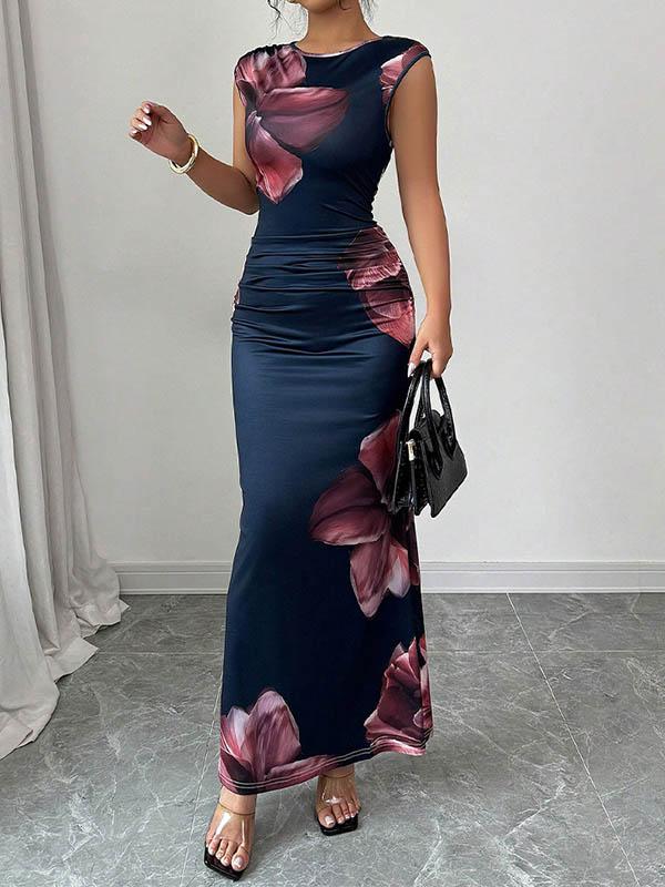 Bodycon Sleeveless Contrast Color Flower Print Round-Neck Maxi Dresses Product Image