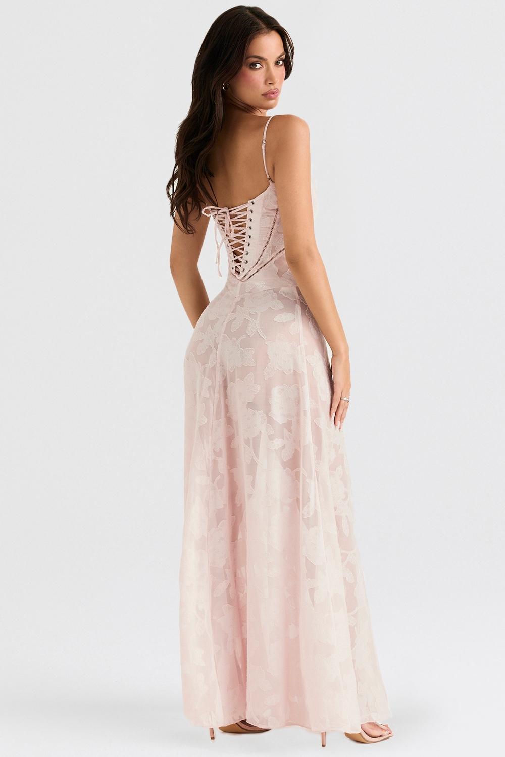 Seren  soft pink floral lace back maxi dress Product Image