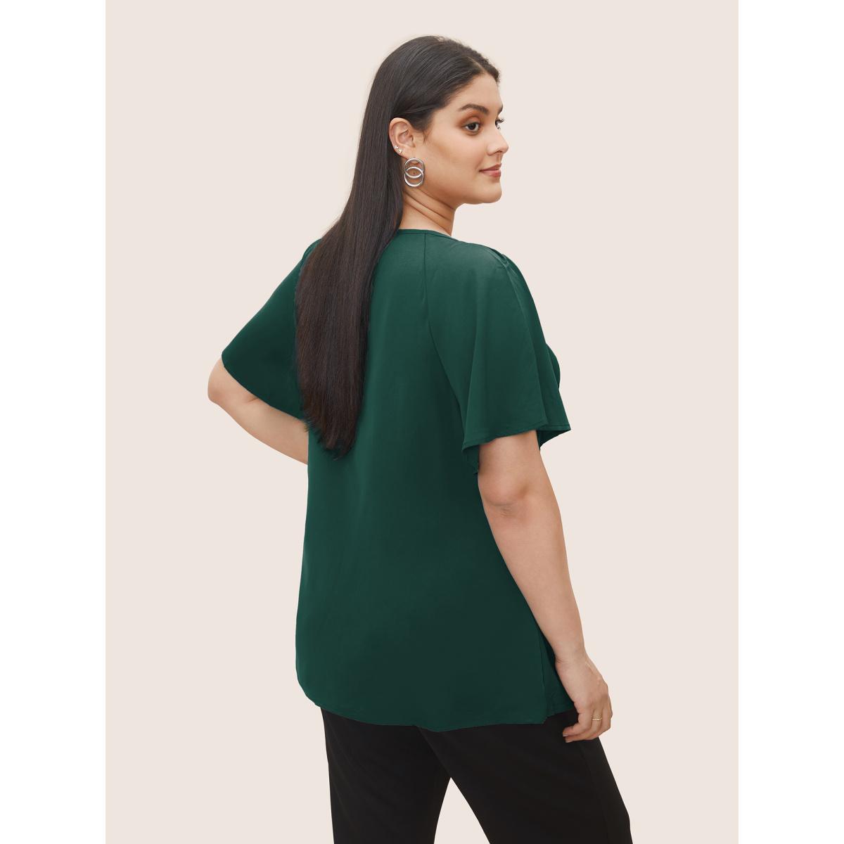 Plus Size DarkGreen Plain Keyhole Knotted Front Ruffle Sleeve Blouse Women Work From Home Short sleeve Round Neck Work Blouses BloomChic 28/5X Product Image