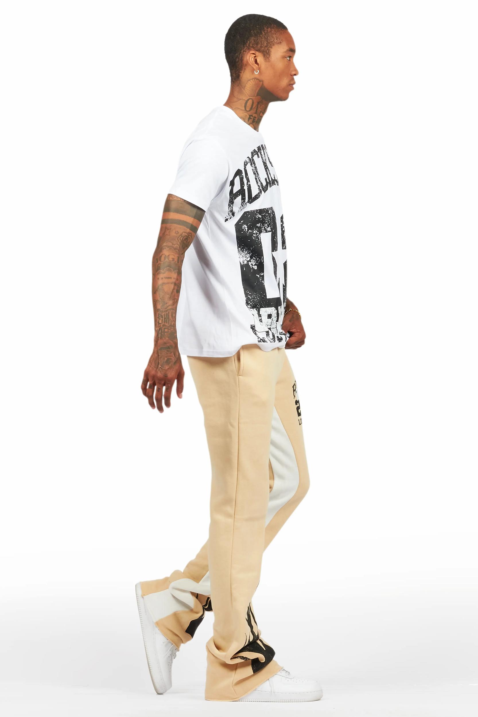 Edel White/Beige T-Shirt/Stacked Baggy Track Pant Set Male Product Image