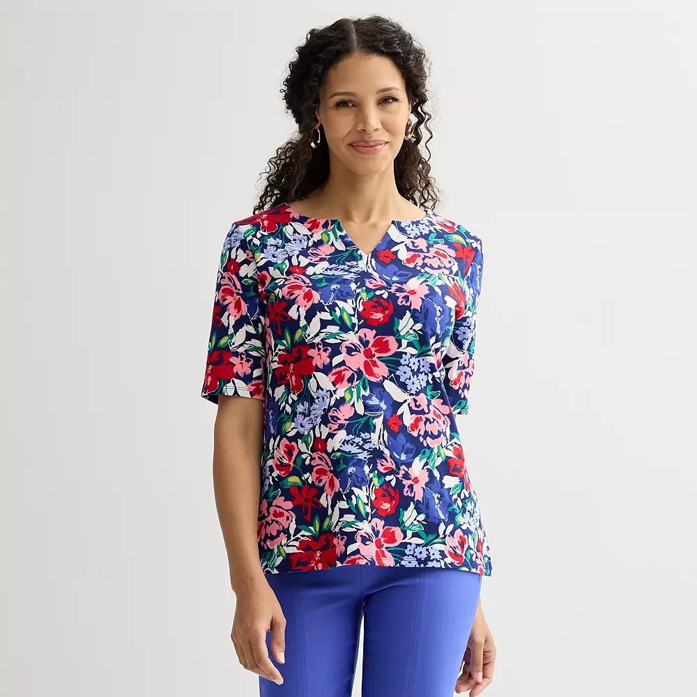 Women's Croft & Barrow® Elbow-Sleeve Splitneck Top, Size: Large, Blue Exploded Floral Product Image