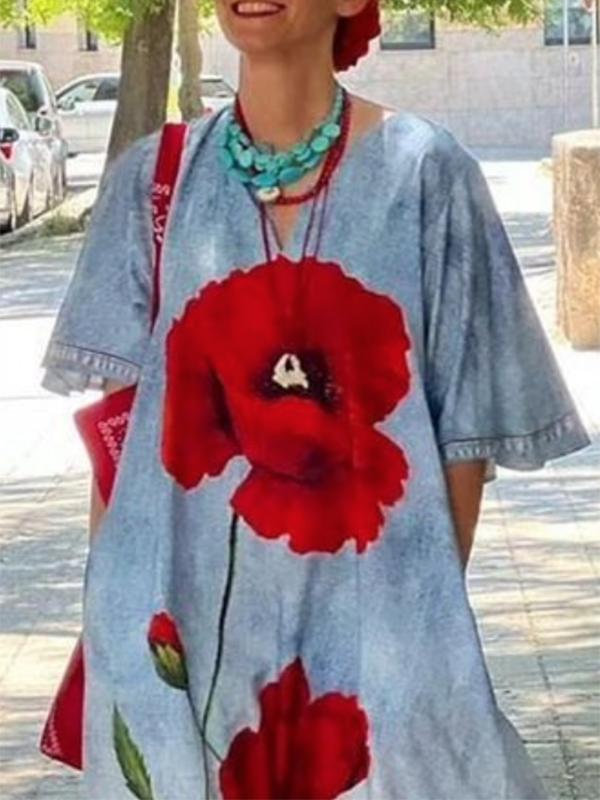Half Sleeves Loose Flower Print V-Neck Maxi Dresses Product Image