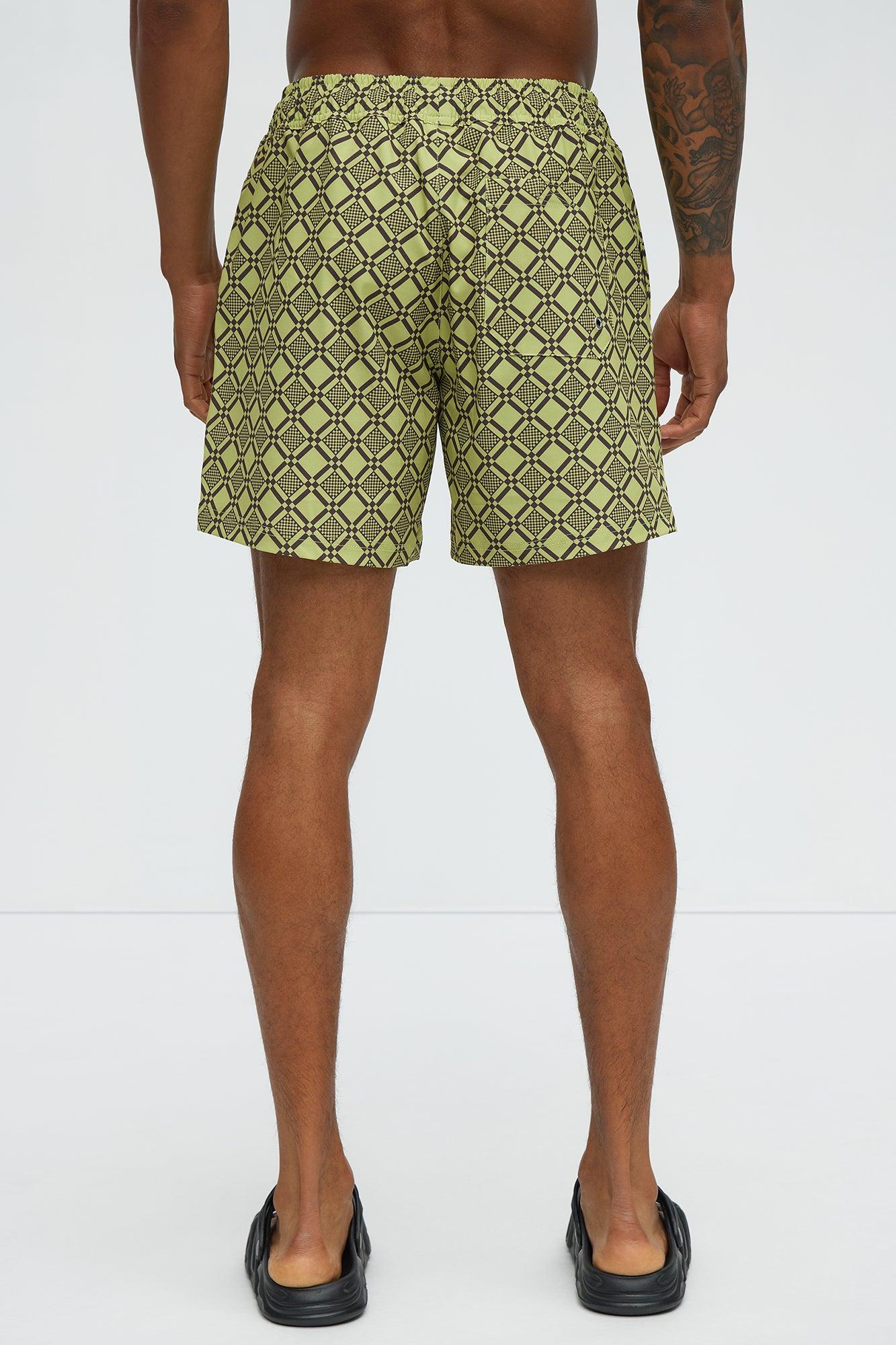 Checkered Mosaic Swim Mid Trunk - Green/combo Product Image