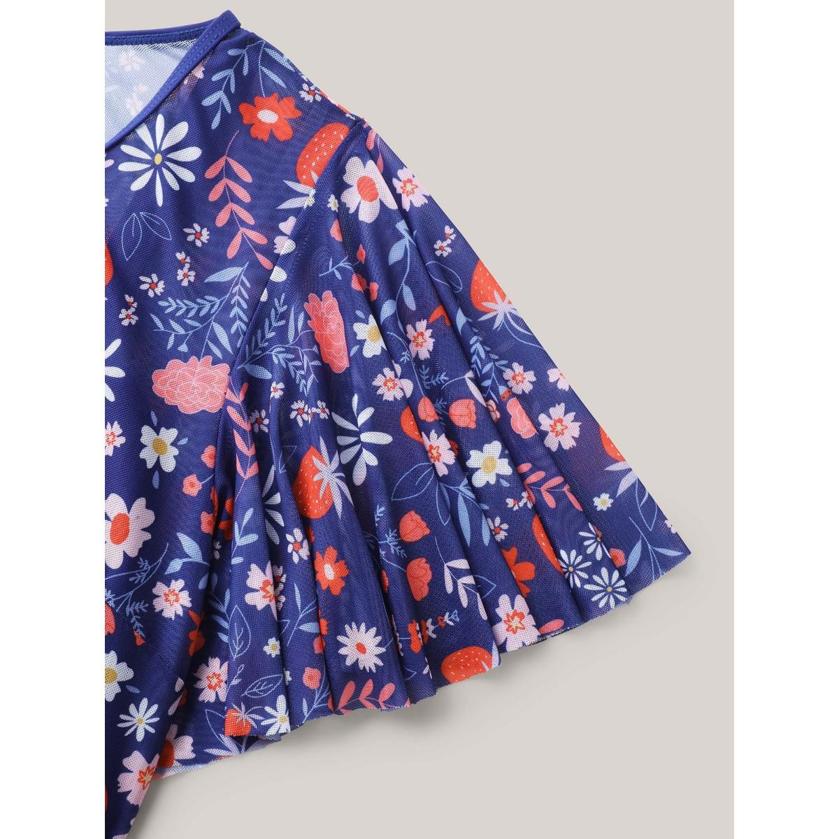 Plus Size Floral Print Mesh Very Stretchy Swim Dress Women's Swimwear Indigo Beach Bodycon Heart neckline High stretch Curve Swim Dresses BloomChic 26/4X Product Image
